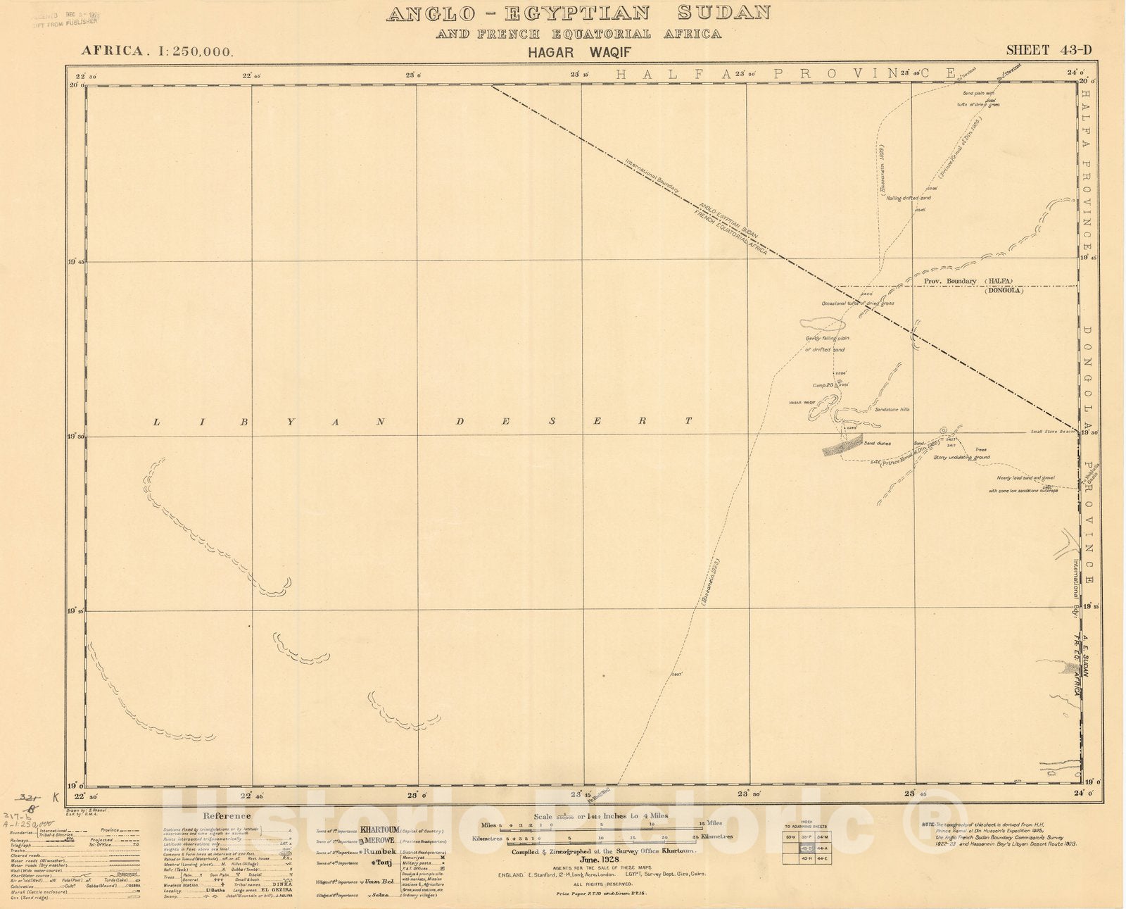 Map : Hagar Waquif, East Africa 1928, Africa 1:250,000, Anglo-Egyptian Sudan and French Equatorial Africa, Hagar Waqif Sheet 43-D , Antique Vintage Reproduction