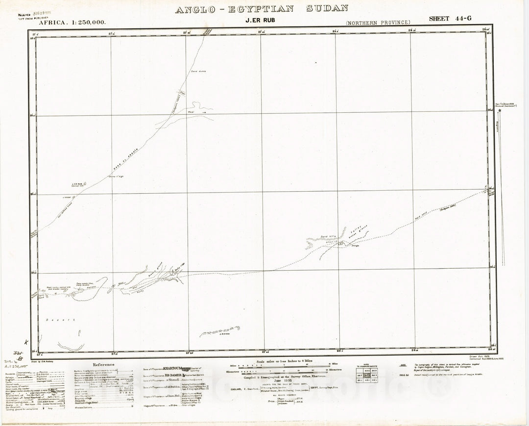 Map : J. er Rub, Anglo-Egyptian Sudan 1935, Africa 1:250,000, Anglo-Egyptian Sudan, J. er Rub sheet 44-G , Antique Vintage Reproduction