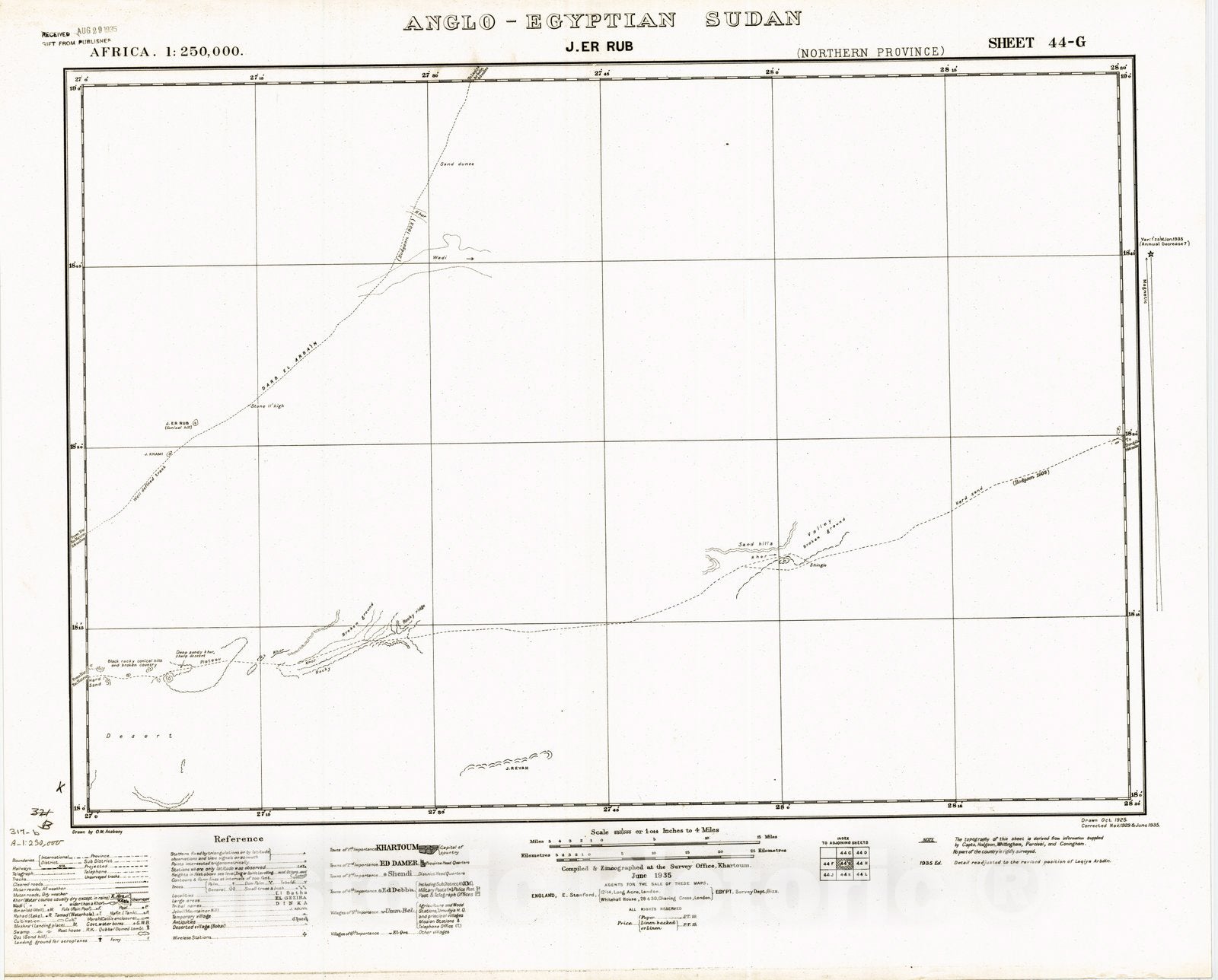 Map : J. er Rub, Anglo-Egyptian Sudan 1935, Africa 1:250,000, Anglo-Egyptian Sudan, J. er Rub sheet 44-G , Antique Vintage Reproduction