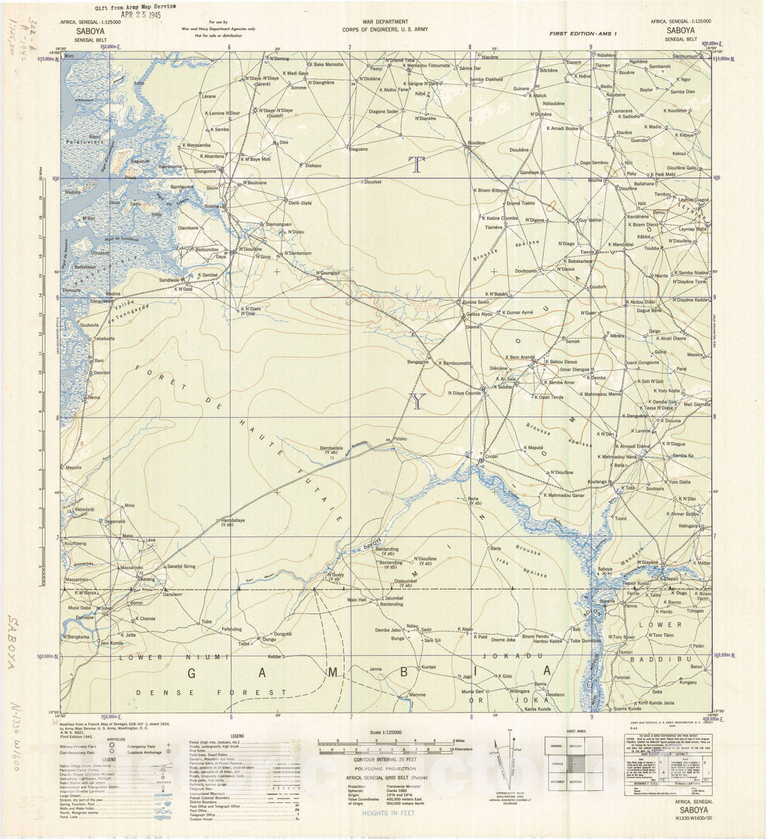 Map : Saboya, Senegal 1942, Africa, Senegal 1:125000 Saboya, Senegal Belt , Antique Vintage Reproduction