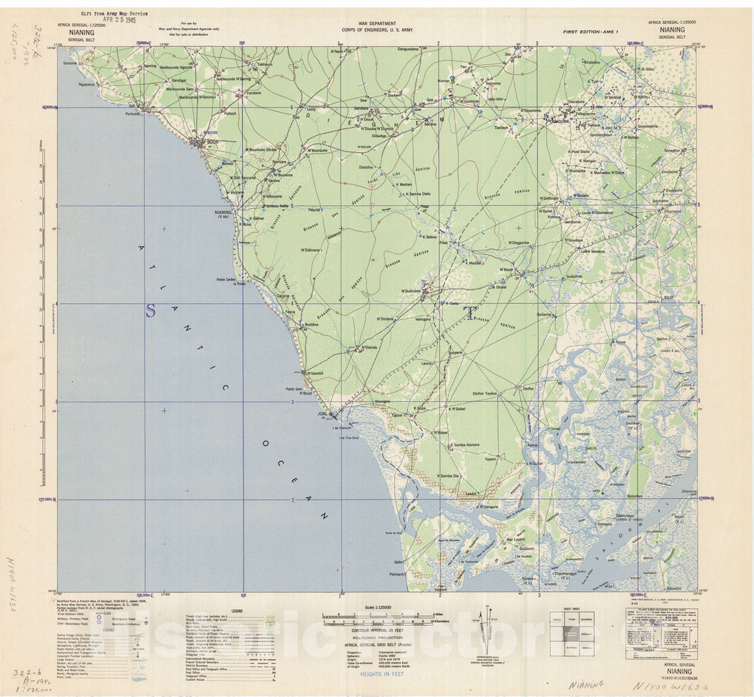 Map : Nianing, Senegal 1942, Africa, Senegal 1:125000 Nianing, Senegal Belt , Antique Vintage Reproduction