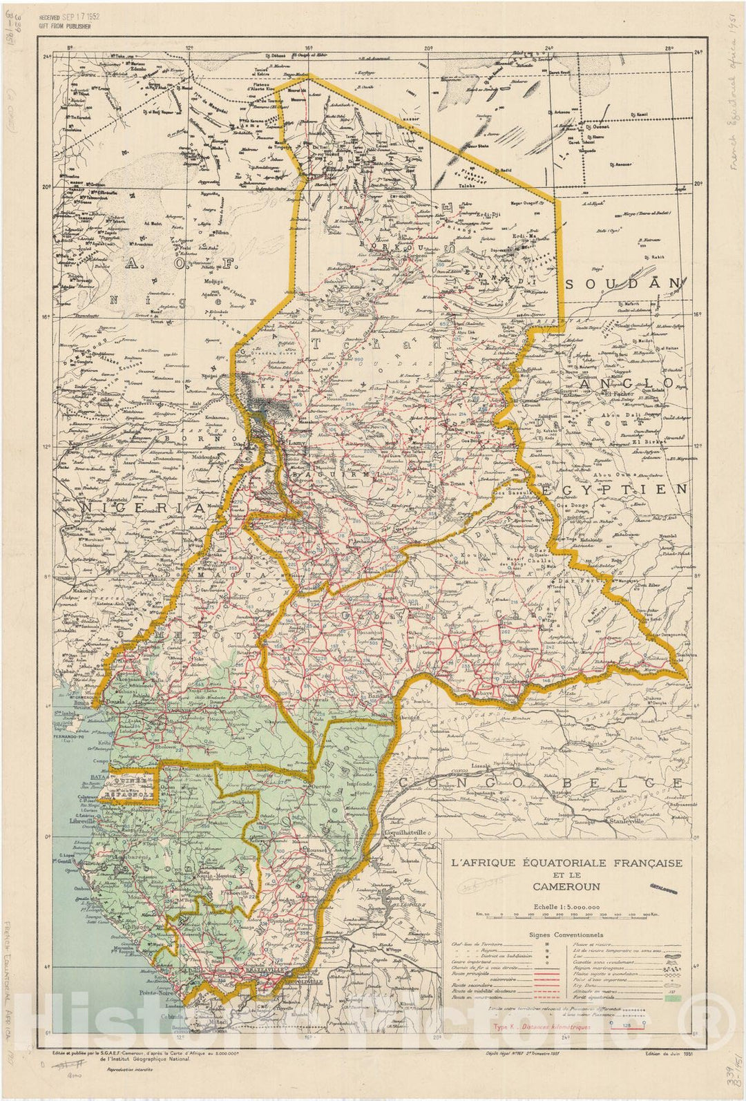 Map : Central Africa 1951, L'Afrique Equatoriale Francaise et le Cameroun, Antique Vintage Reproduction