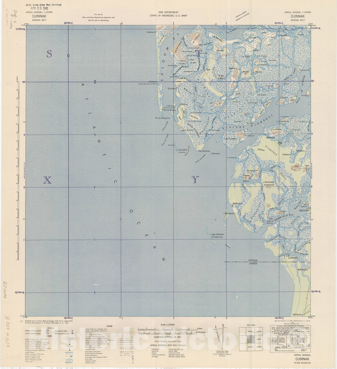 Map : Djinnak, Senegal 1942, Africa, Senegal 1:125000 Djinnak, Senegal Belt , Antique Vintage Reproduction