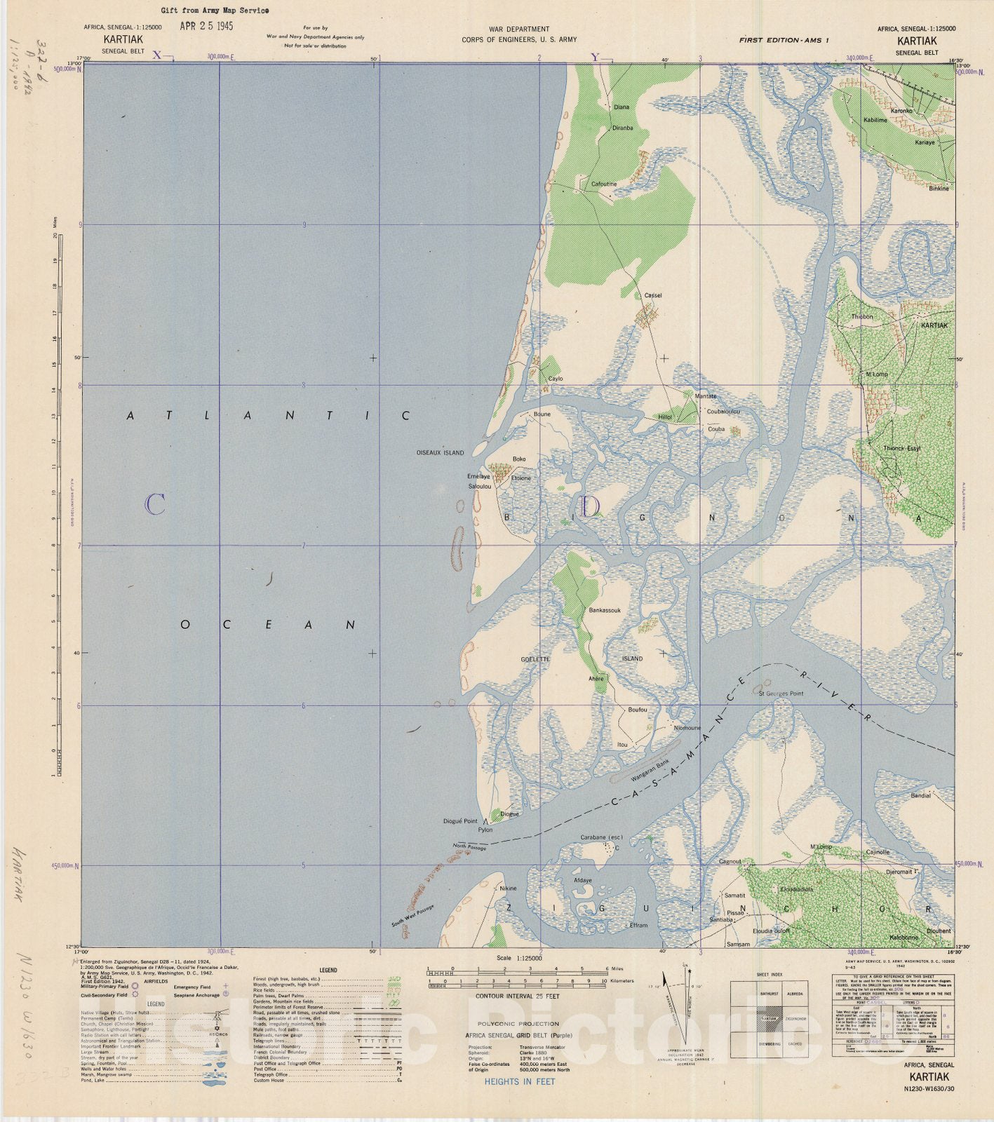 Map : Kartiak, Senegal 1942, Africa, Senegal 1:125000 Kartiak, Senegal Belt , Antique Vintage Reproduction