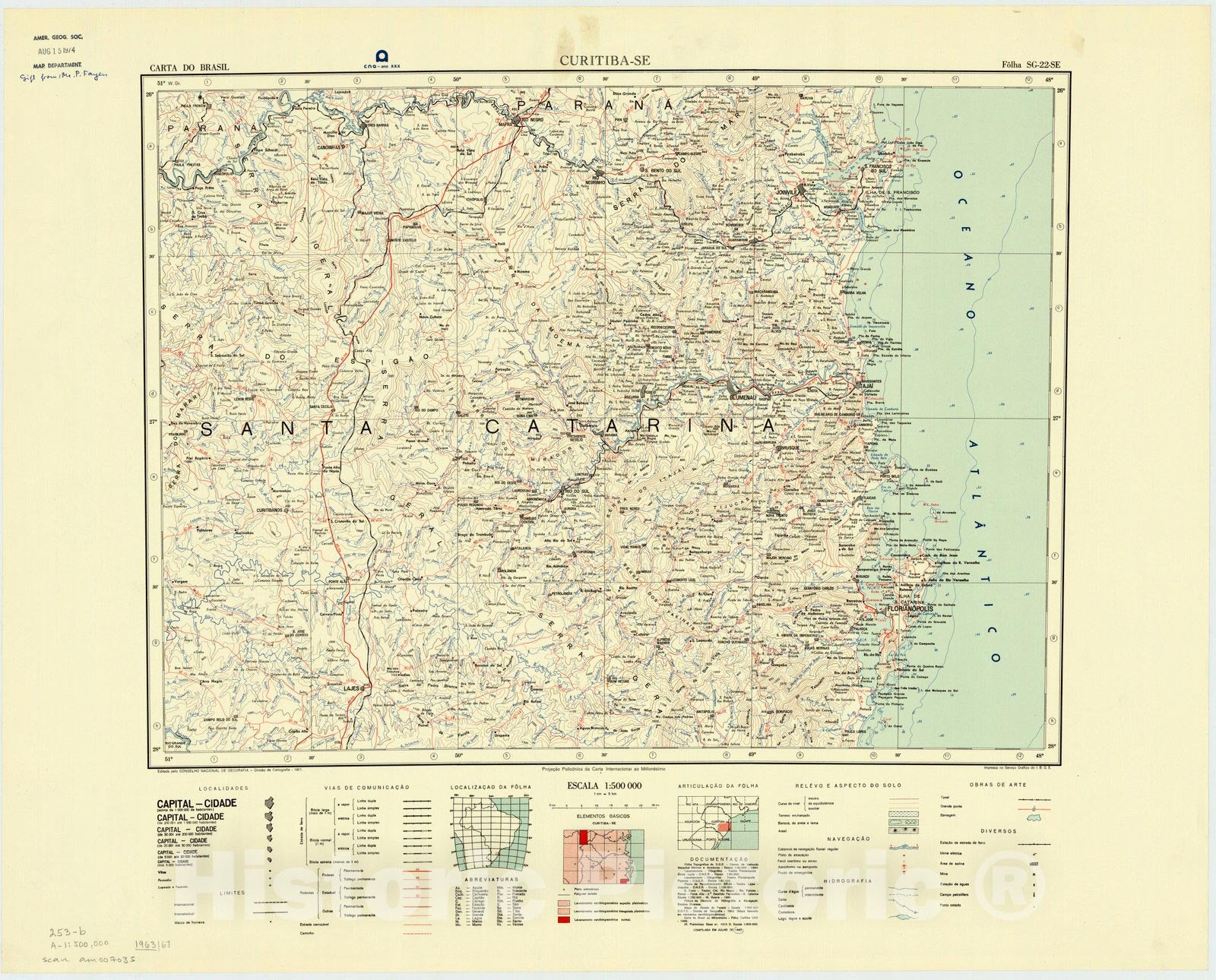 Map : Curitiba - SE, Brazil 1967, Carta do Brasil , Antique Vintage Reproduction