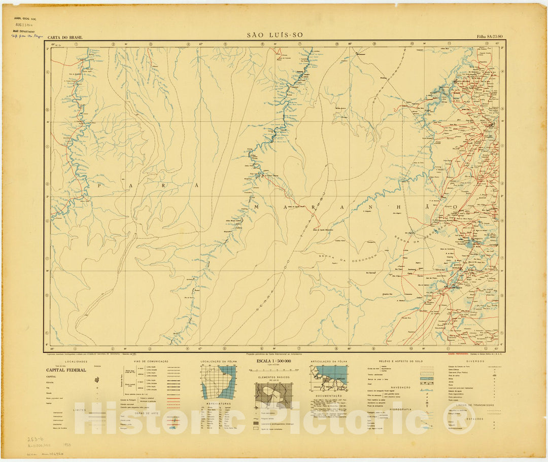 Map : Sao Luis - SO, Brazil 1950, Carta do Brasil , Antique Vintage Reproduction