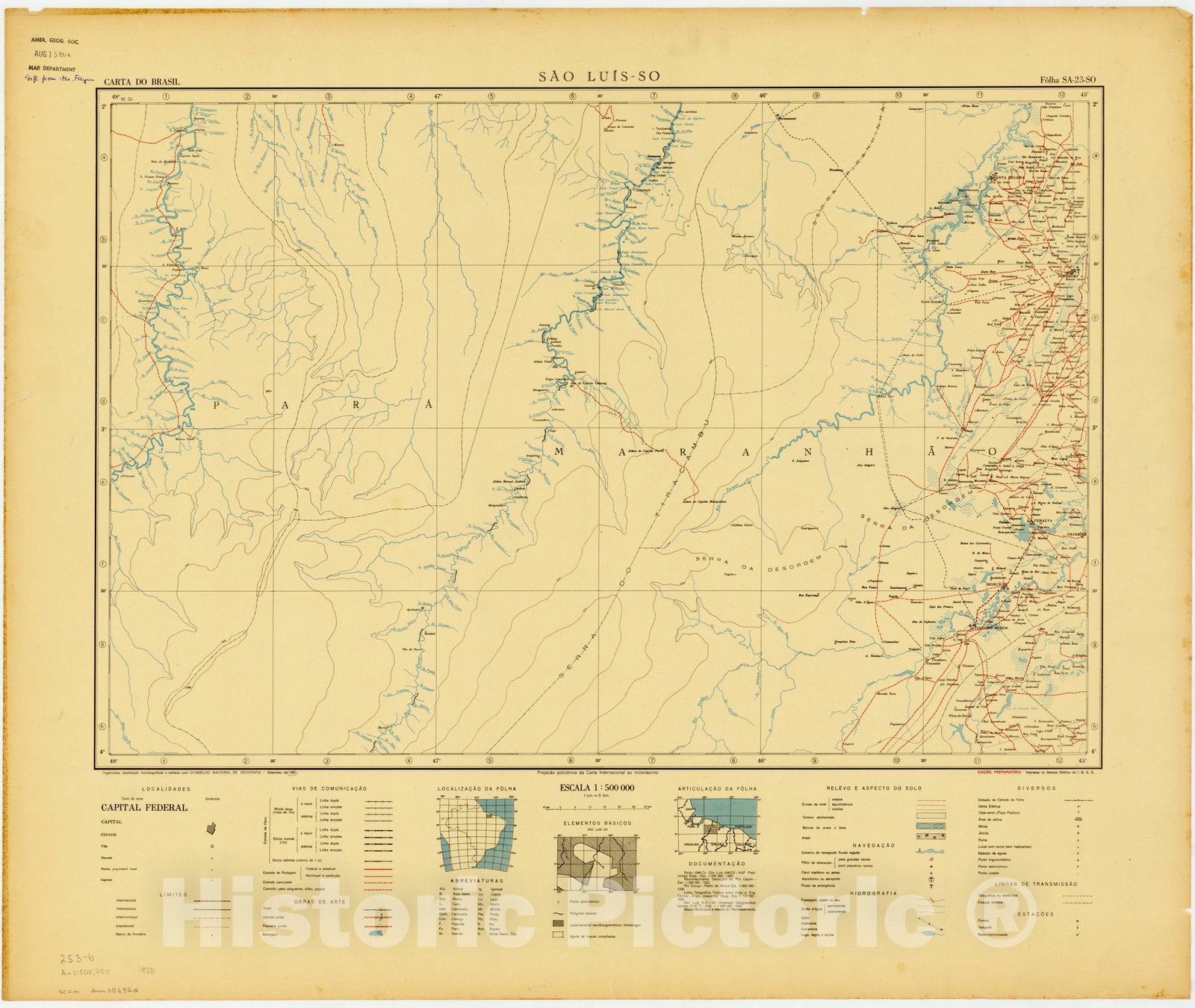 Map : Sao Luis - SO, Brazil 1950, Carta do Brasil , Antique Vintage Reproduction