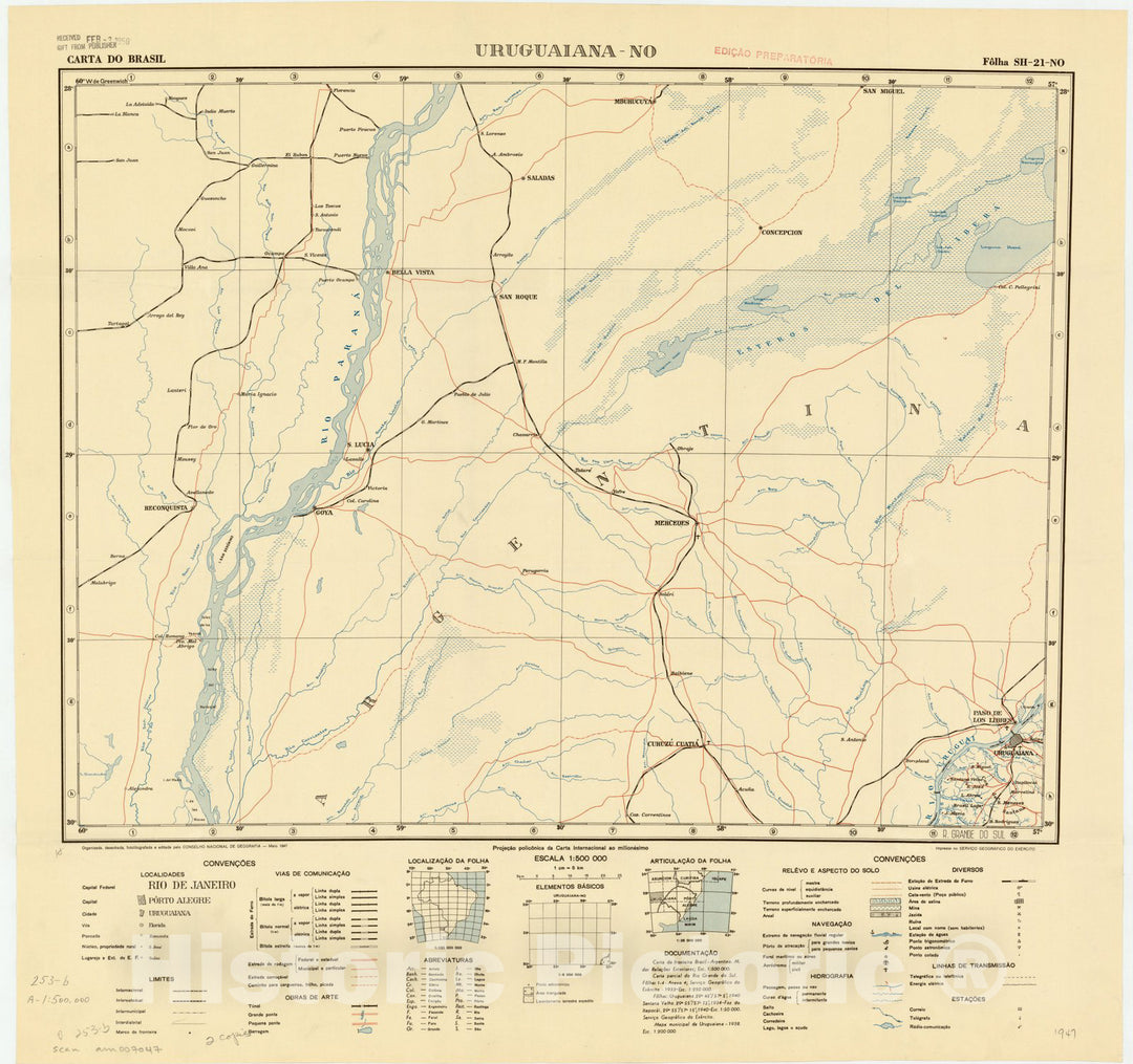 Map : Uruguaiana - NO, Brazil 1947, Carta do Brasil , Antique Vintage Reproduction