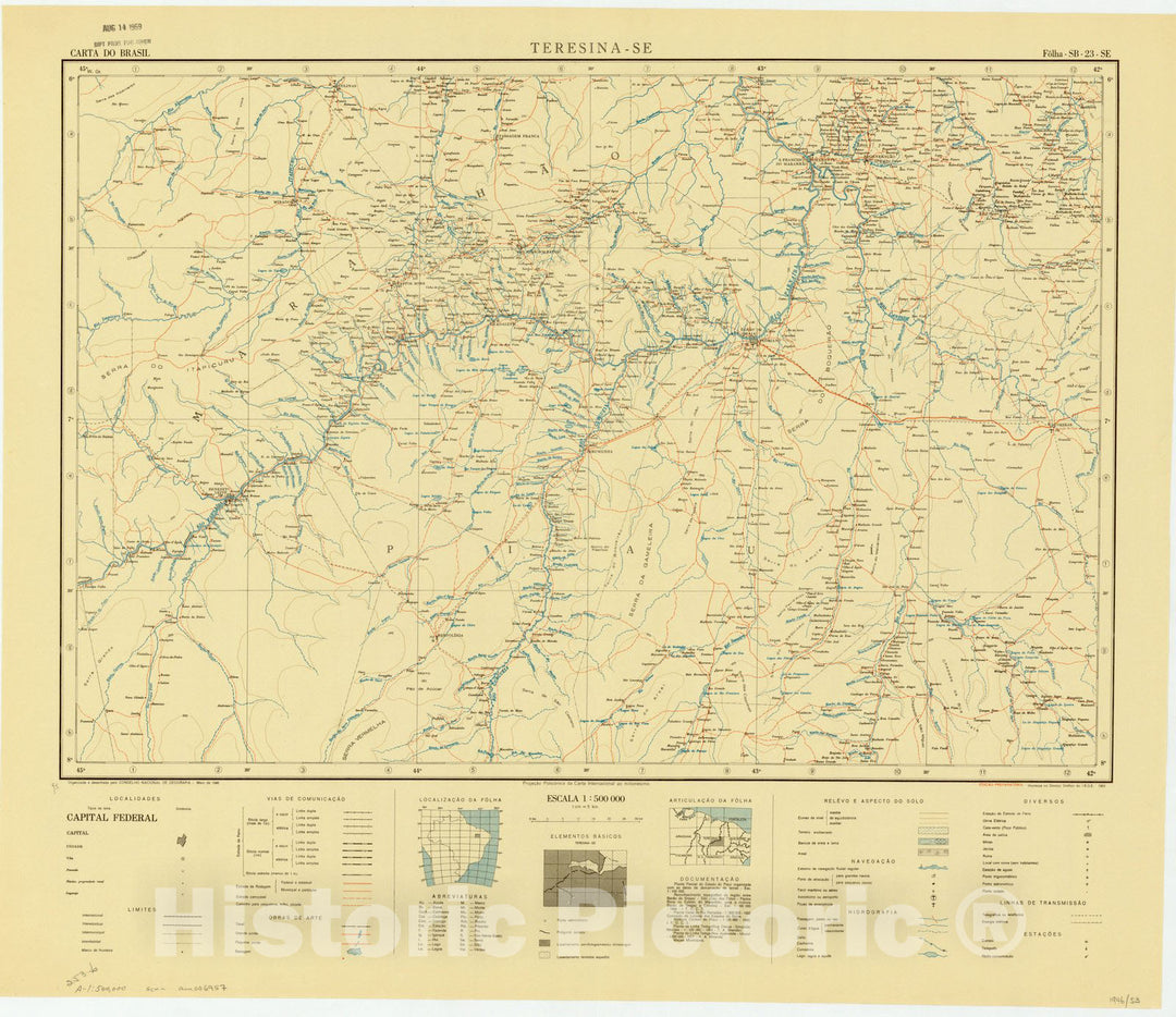 Map : Teresina - SE, Brazil 1946, Carta do Brasil , Antique Vintage Reproduction