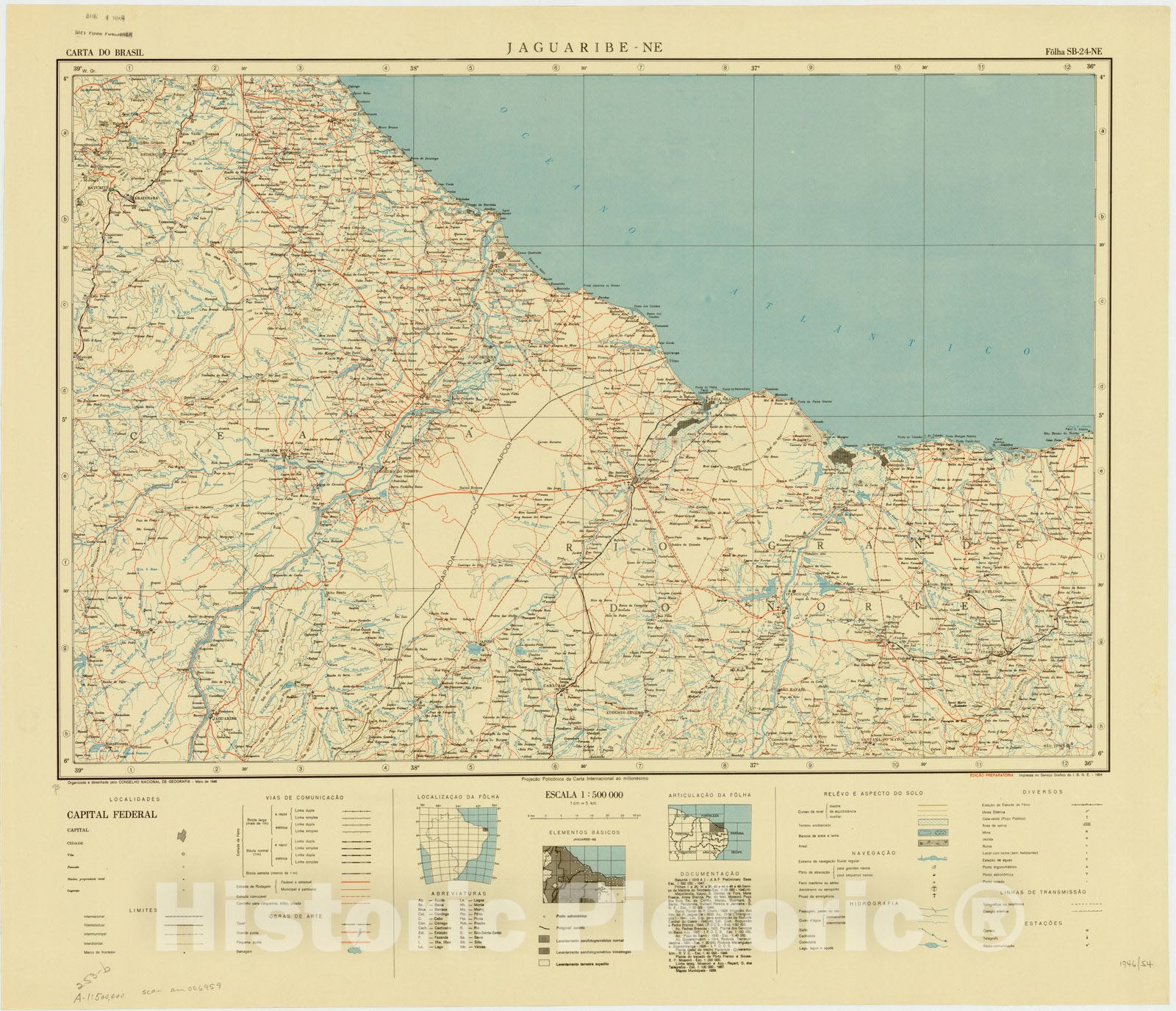 Map : Jaguaribe - NE, Brazil 1946, Carta do Brasil , Antique Vintage Reproduction