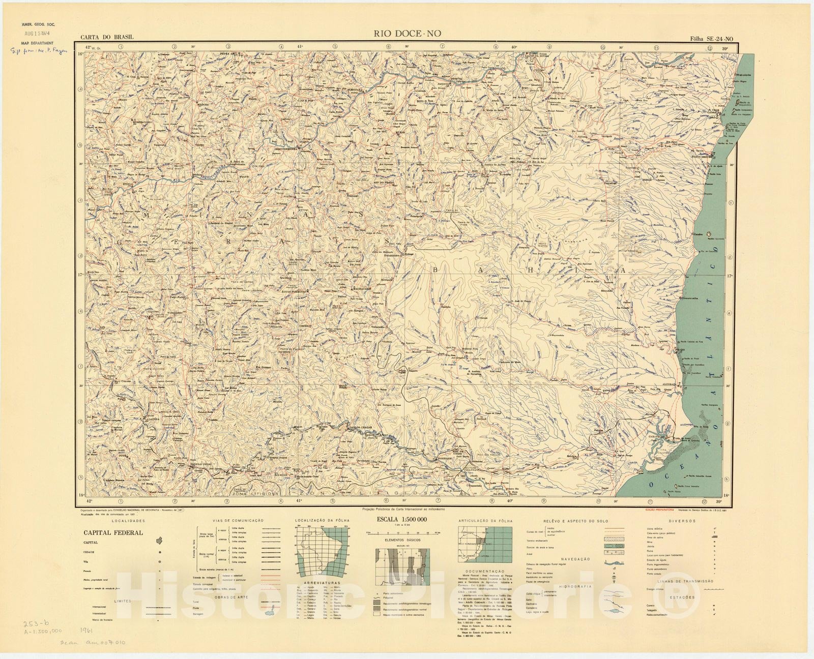 Map : Rio Doce - NO, Brazil 1961, Carta do Brasil , Antique Vintage Reproduction