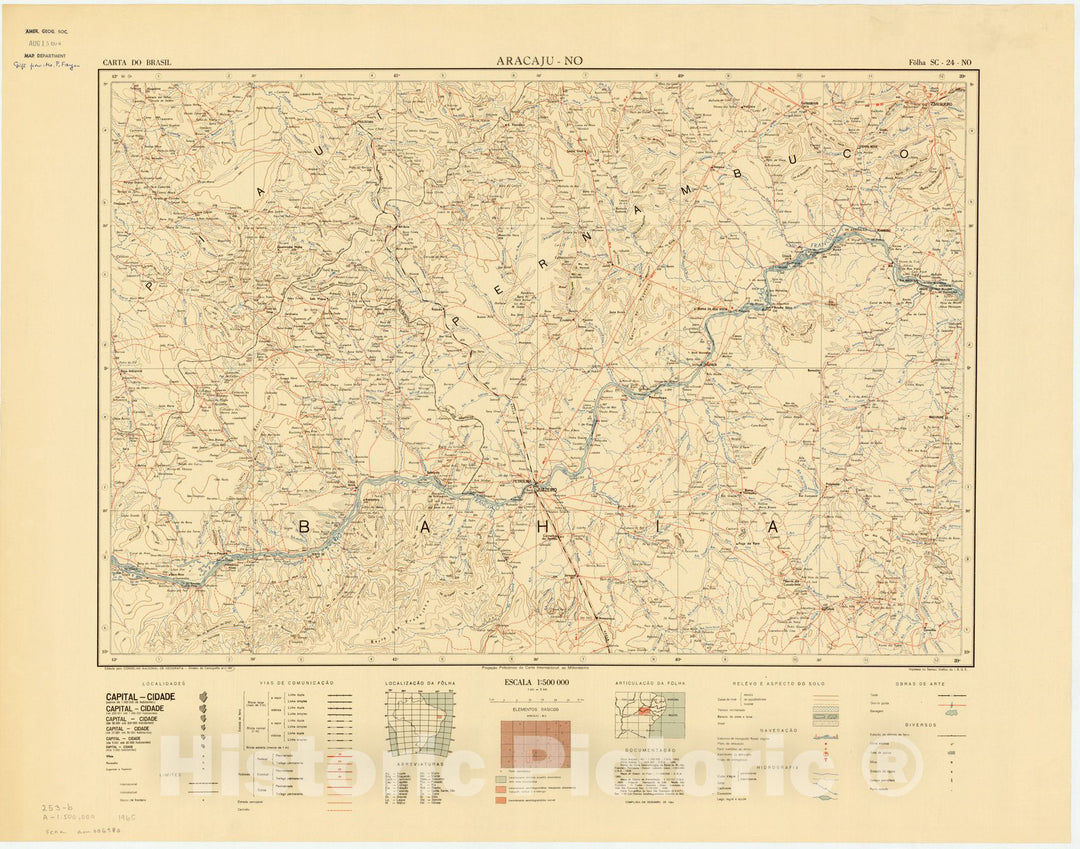 Map : Aracaj - NO, Brazil 1965, Carta do Brasil , Antique Vintage Reproduction