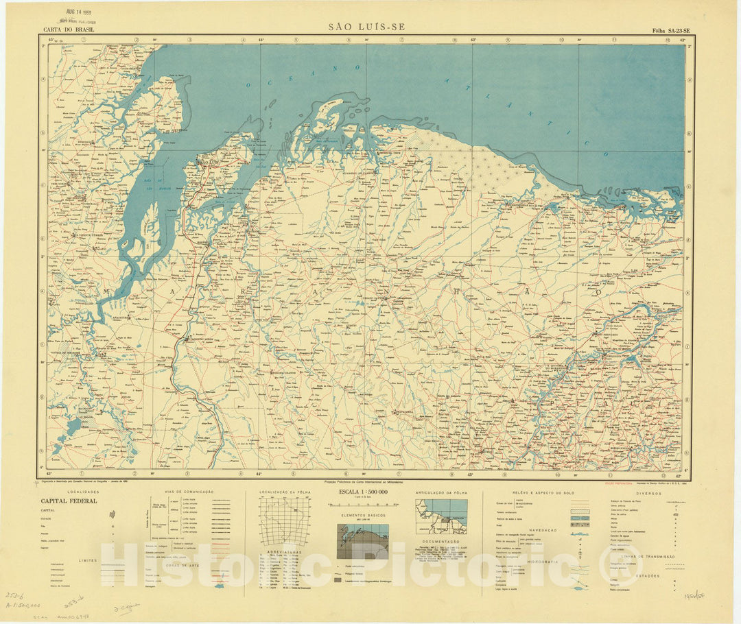 Map : Sao Luis - SE, Brazil 1952, Carta do Brasil , Antique Vintage Reproduction