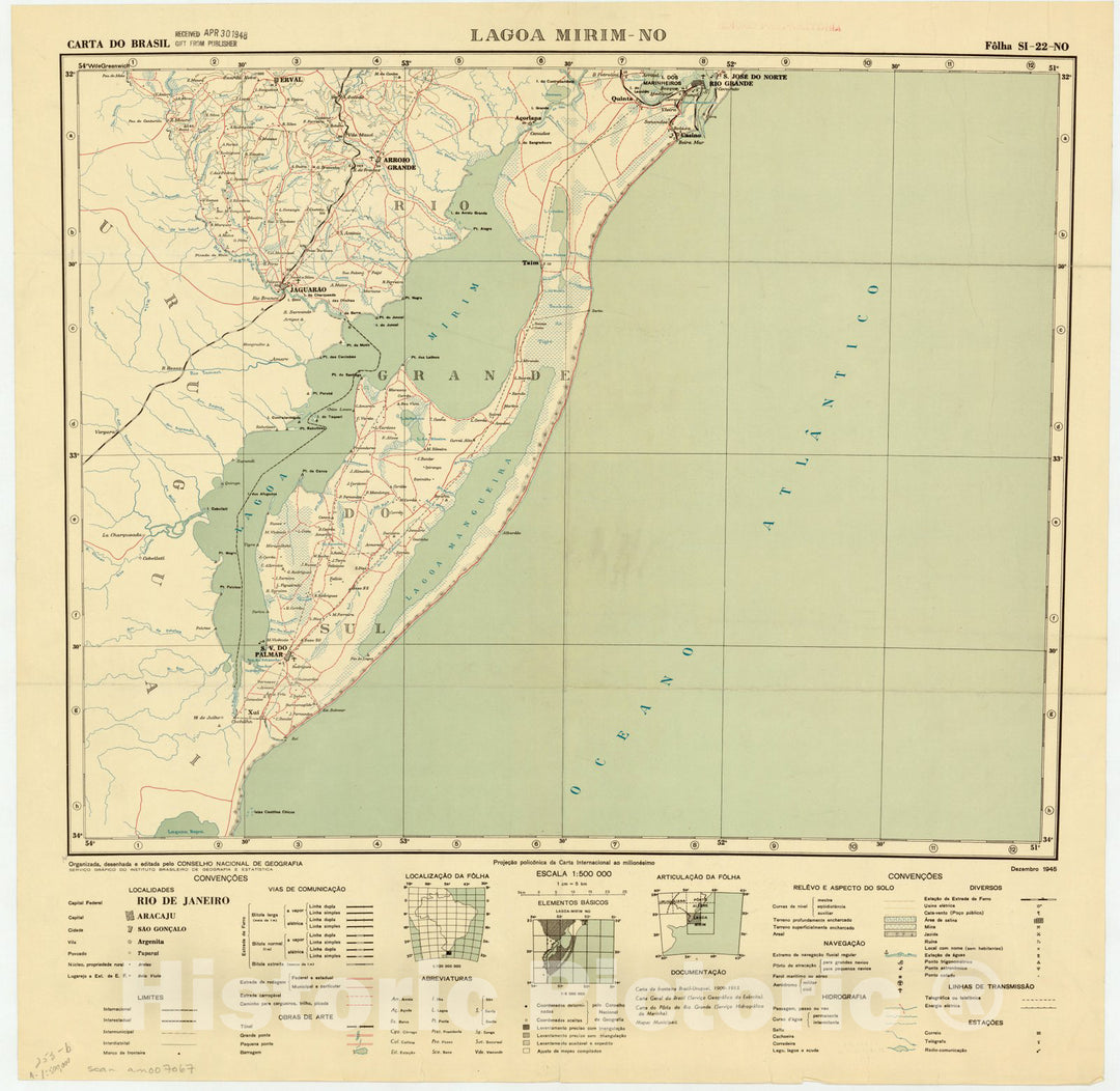 Map : Lagoa Mirim - NO, Brazil 1945, Carta do Brasil , Antique Vintage Reproduction