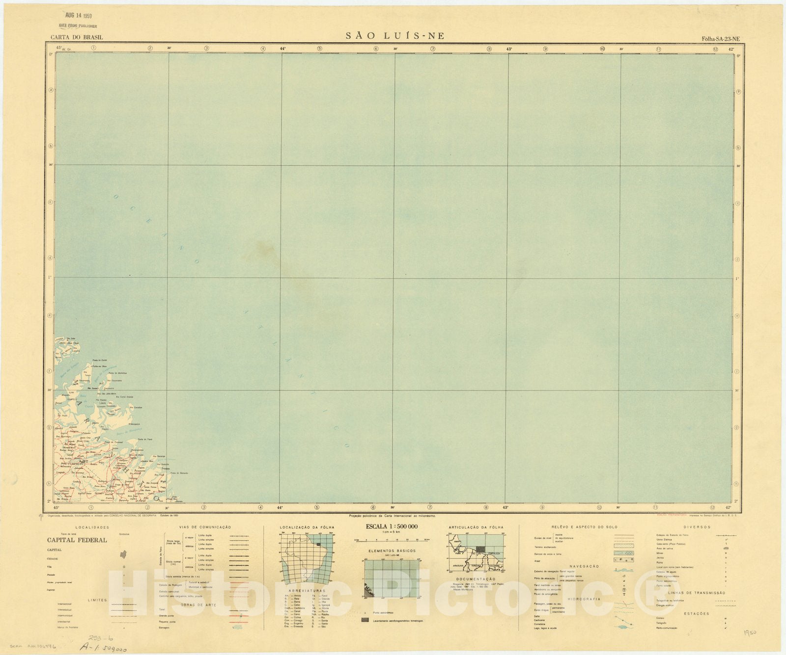 Map : Sao Luis-NE, Brazil 1950, Carta do Brasil , Antique Vintage Reproduction