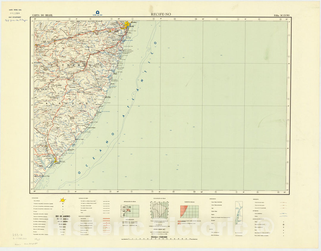 Map : Recife - NO, Brazil 1967, Carta do Brasil , Antique Vintage Reproduction