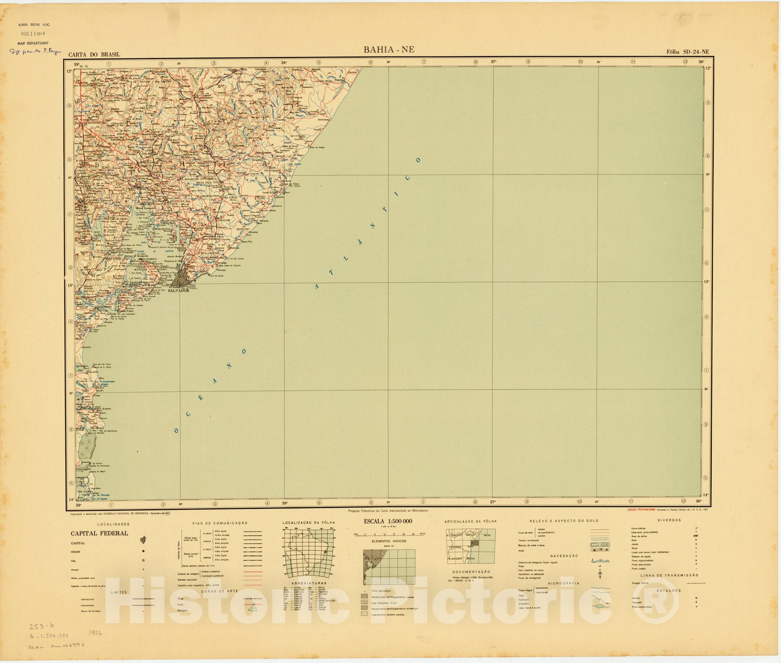 Map : Bahia - NE, Brazil 1956, Carta do Brasil , Antique Vintage Reproduction