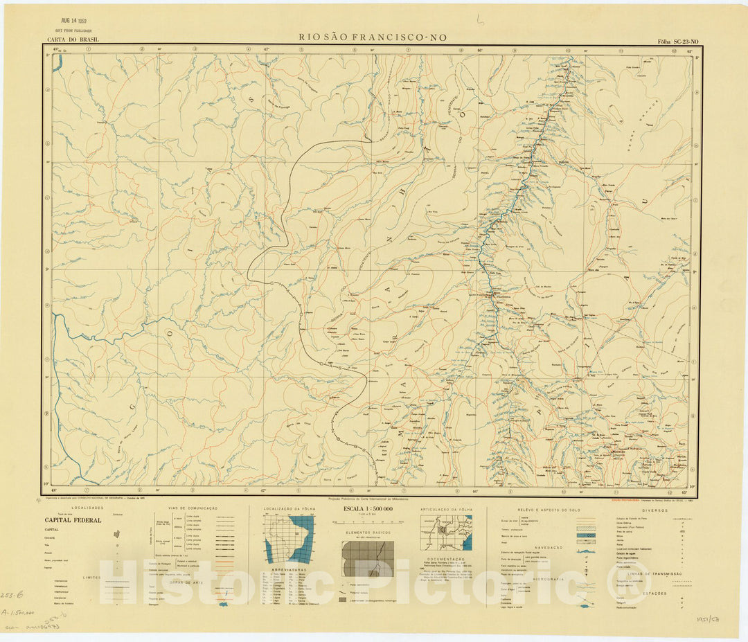 Map : Rio Sao Francisco - NO, Brazil 1951, Carta do Brasil , Antique Vintage Reproduction