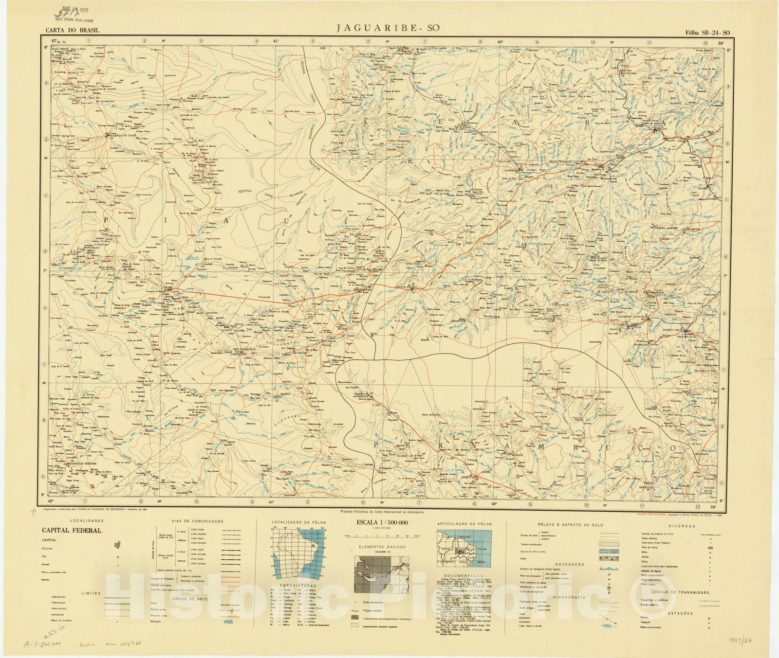 Map : Jaguaribe SO, Brazil 1947, Carta do Brasil , Antique Vintage Reproduction