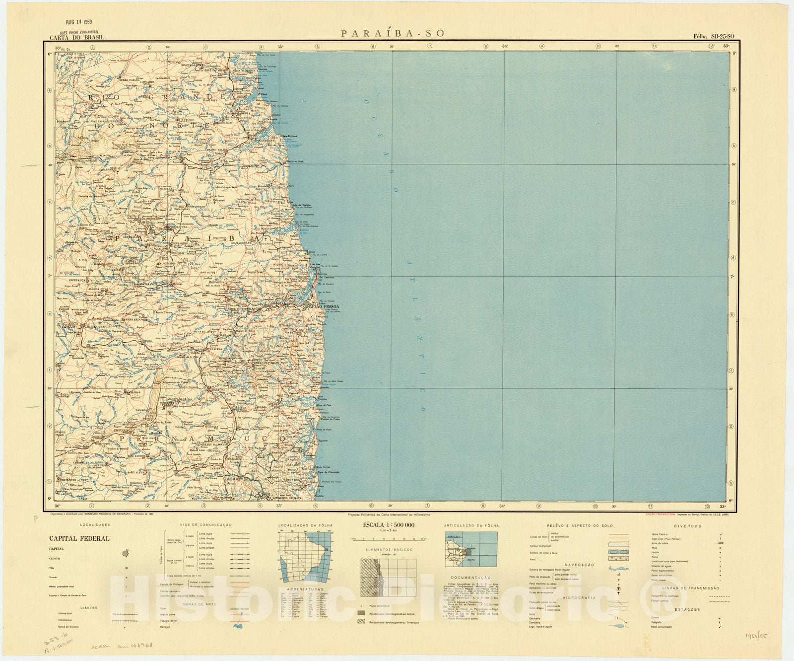 Map : Paraiba - SO, Brazil 1950, Carta do Brasil , Antique Vintage Reproduction