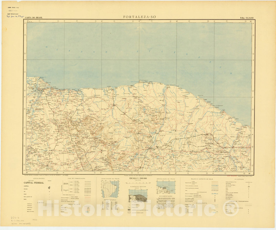 Map : Fortaleza - SO, Brazil 1950, Carta do Brasil , Antique Vintage Reproduction