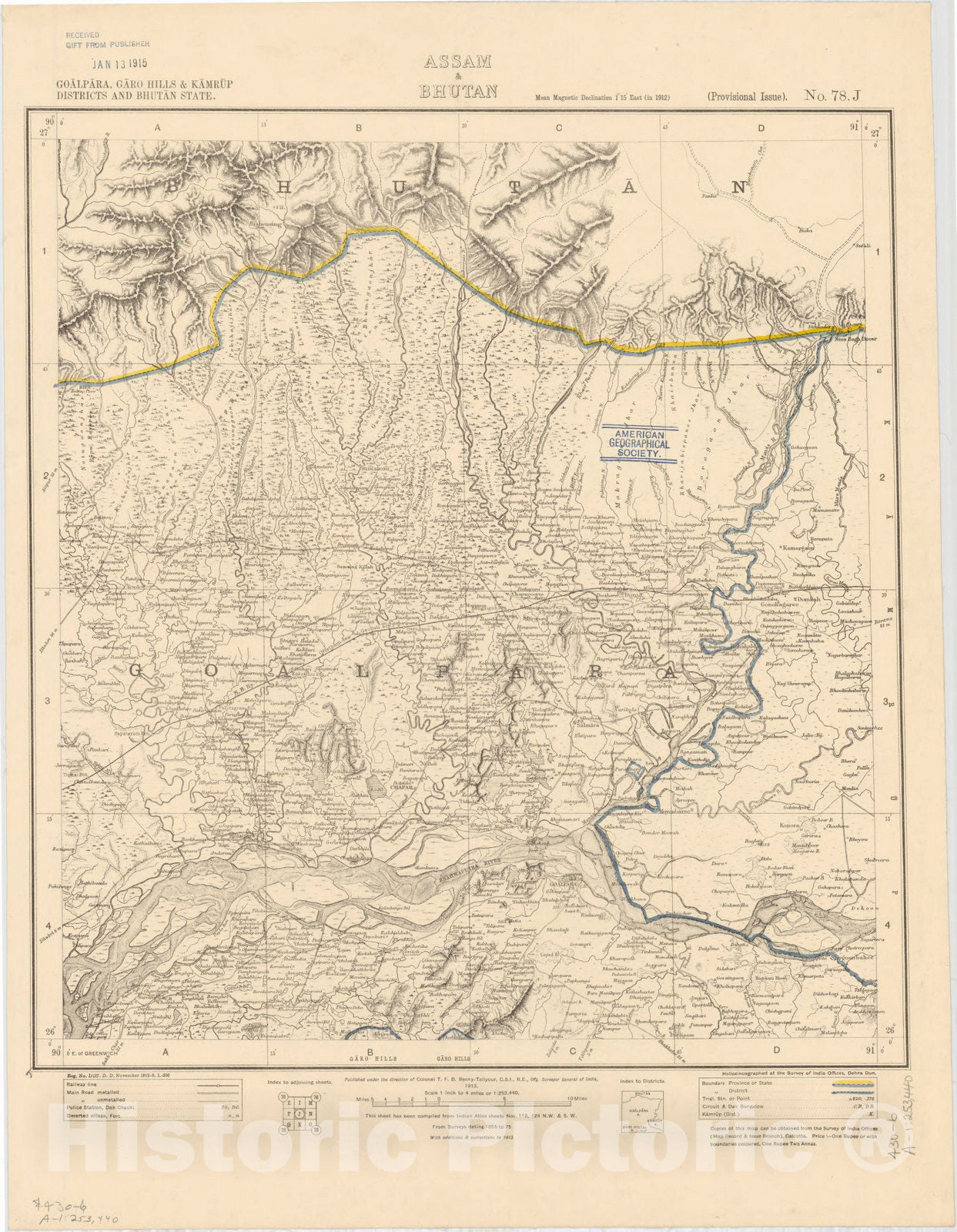 Map : Goalpara, Garo Hills & Kamrup Districts and Bhutan State, Assam & Bhutan, No. 78 J 1913, India 1:253,440, Antique Vintage Reproduction