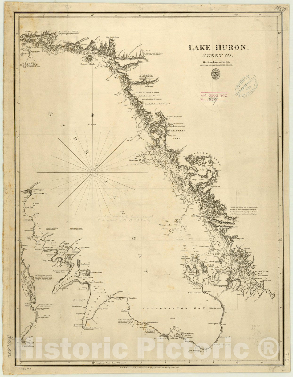 Map : Lake Huron 1828-1848 4, Lake Huron , Antique Vintage Reproduction