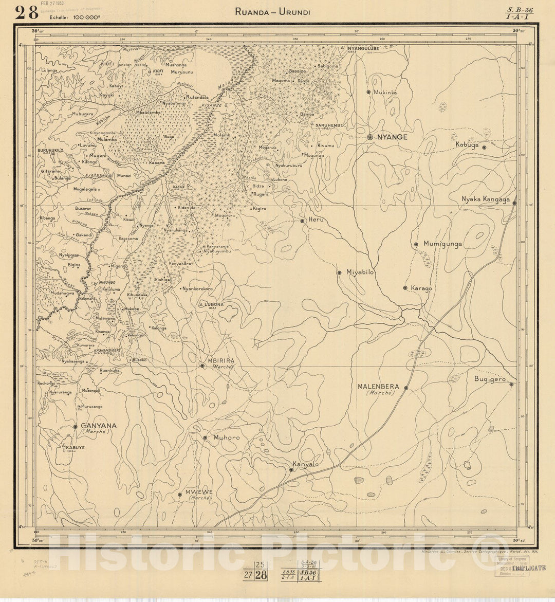 Map : Ruanda-Urundi, Africa 1948 28, Belgian Congo, Africa Ruanda-Urundi District scale 1:100,000 , Antique Vintage Reproduction