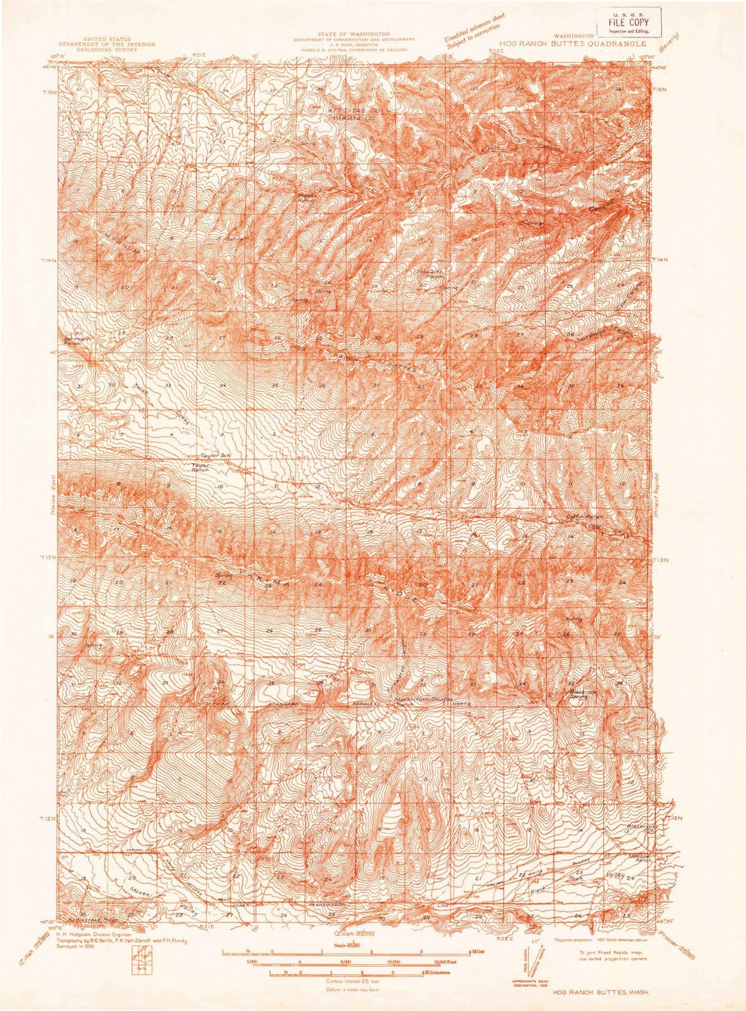 1936 Hog Ranch Buttes, WA - Washington - USGS Topographic Map