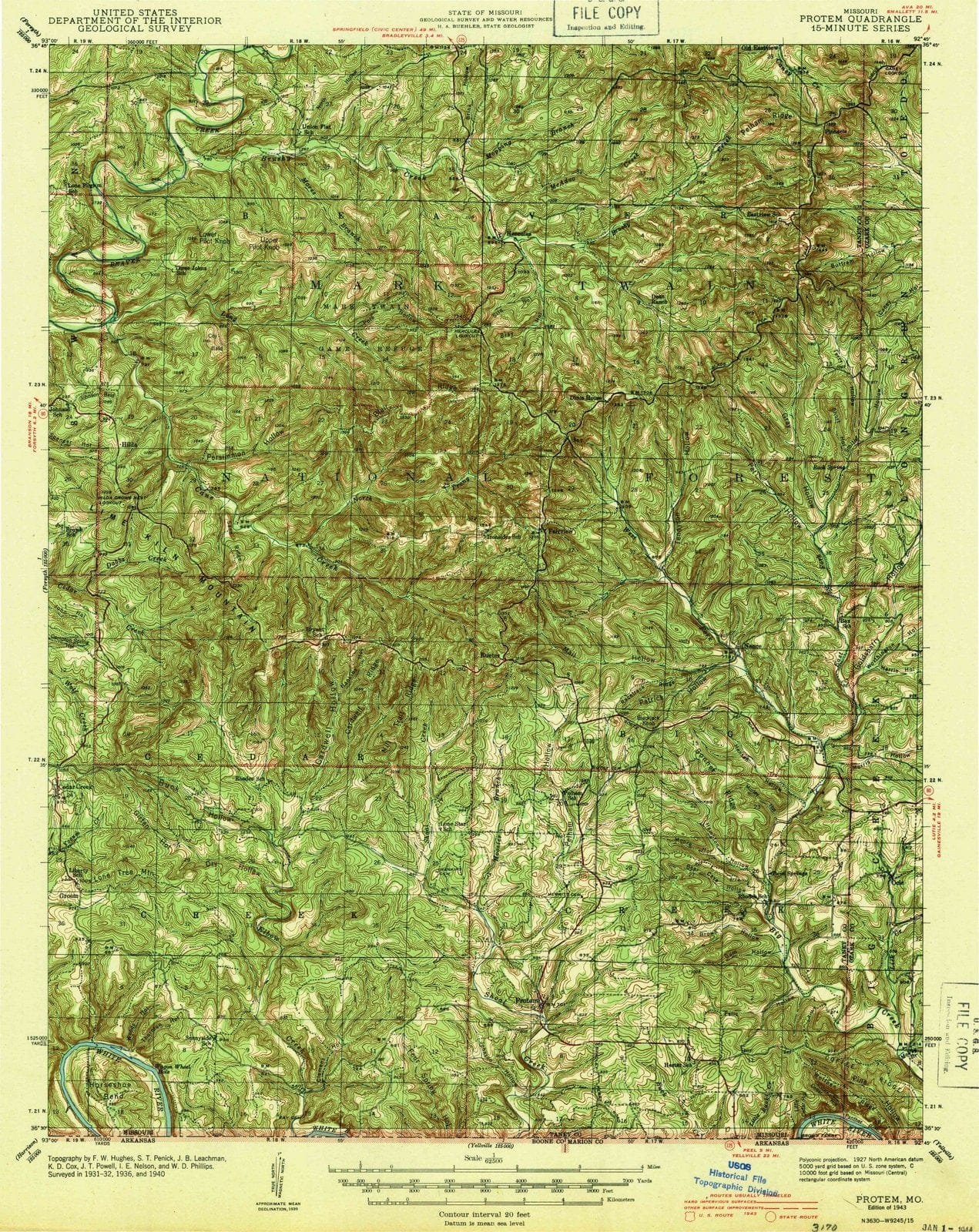 1943 Protem, MO - Missouri - USGS Topographic Map