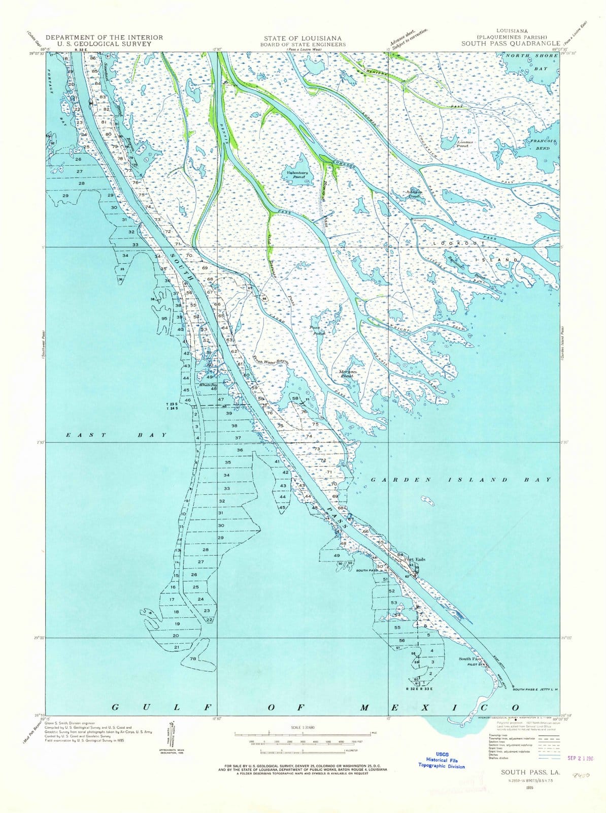 1935 South Pass, LA - Louisiana - USGS Topographic Map