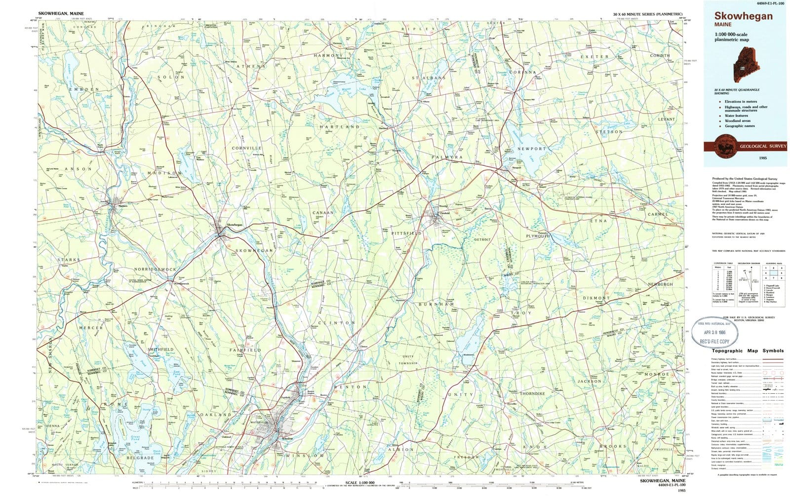 1985 Skowhegan, ME - Maine - USGS Topographic Map