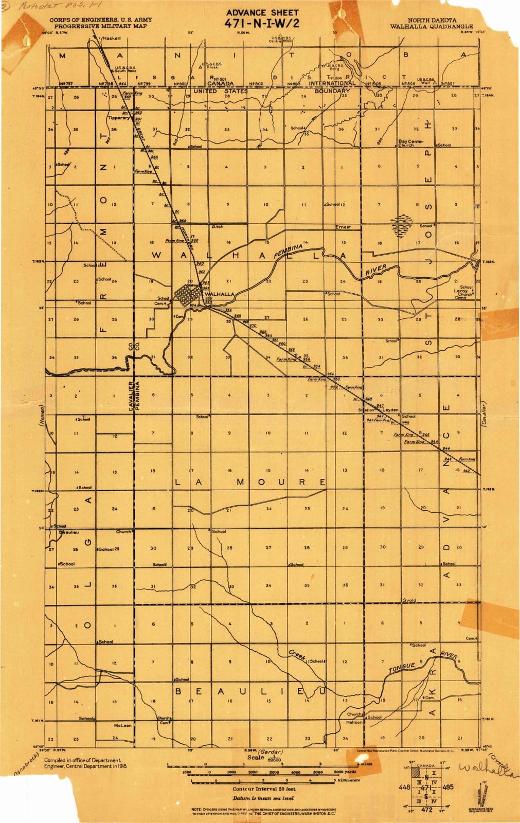 1918 Walhalla, ND - North Dakota - USGS Topographic Map