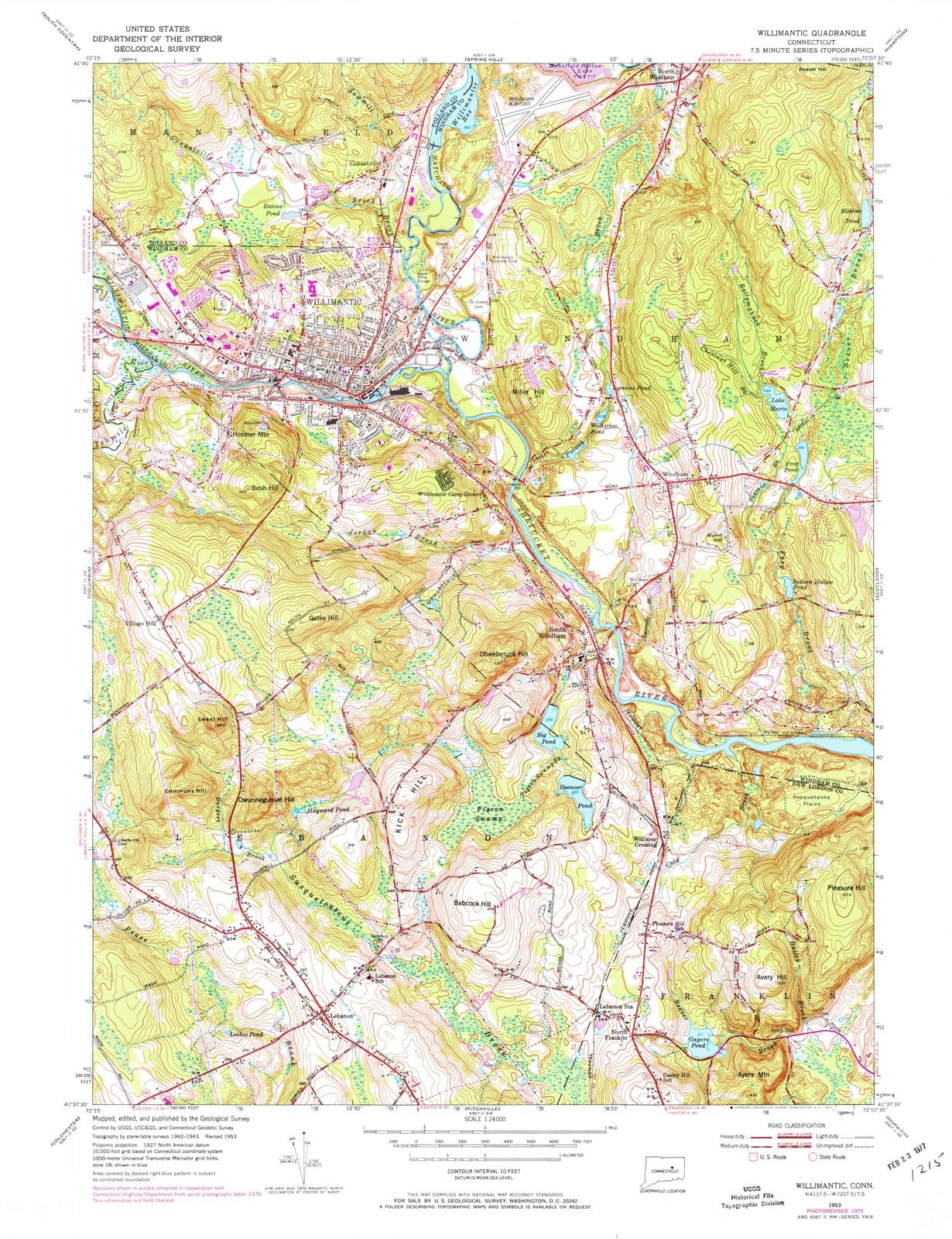 1953 Willimantic, CT - Connecticut - USGS Topographic Map