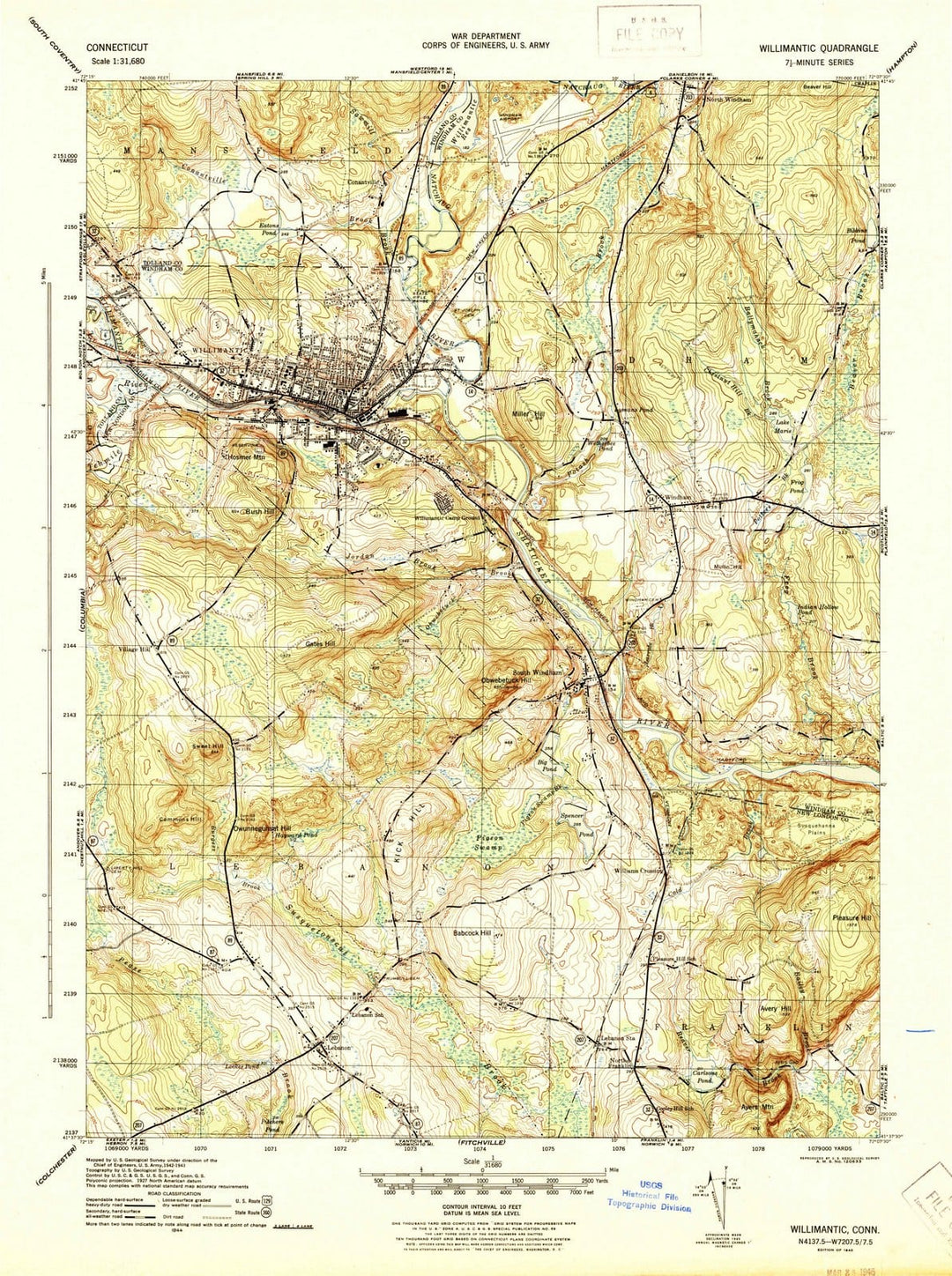 1945 Willimantic, CT - Connecticut - USGS Topographic Map