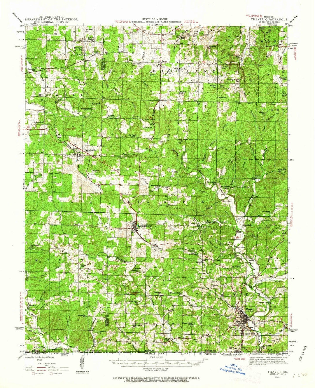 1943 Thayer, MO - Missouri - USGS Topographic Map