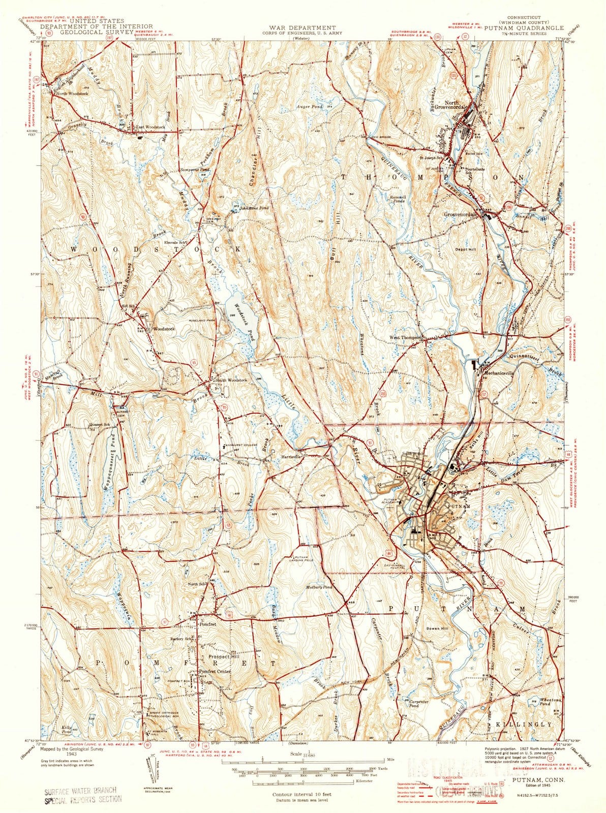 1945 Putnam, CT - Connecticut - USGS Topographic Map