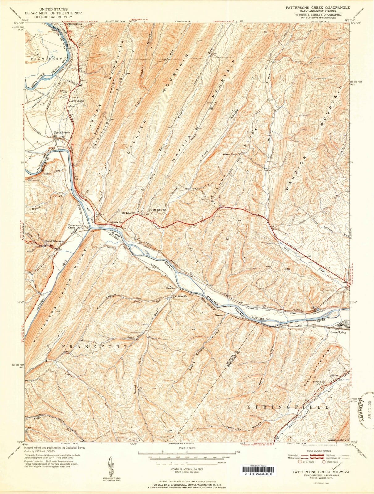 1951 Pattersons Creek, WV - West Virginia - USGS Topographic Map