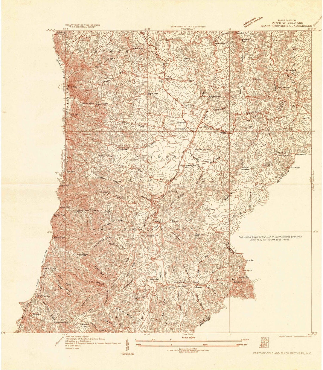 1934 Parts of Celo and Black Brothers, NC - North Carolina - USGS Topographic Map