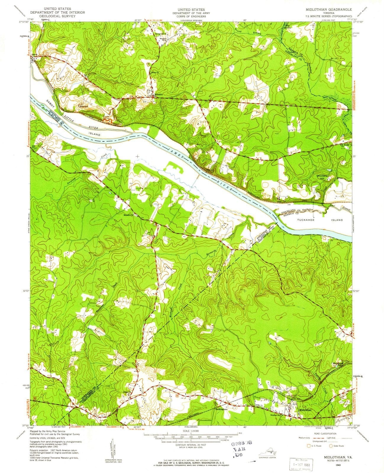 1943 Midlothian, VA - Virginia - USGS Topographic Map