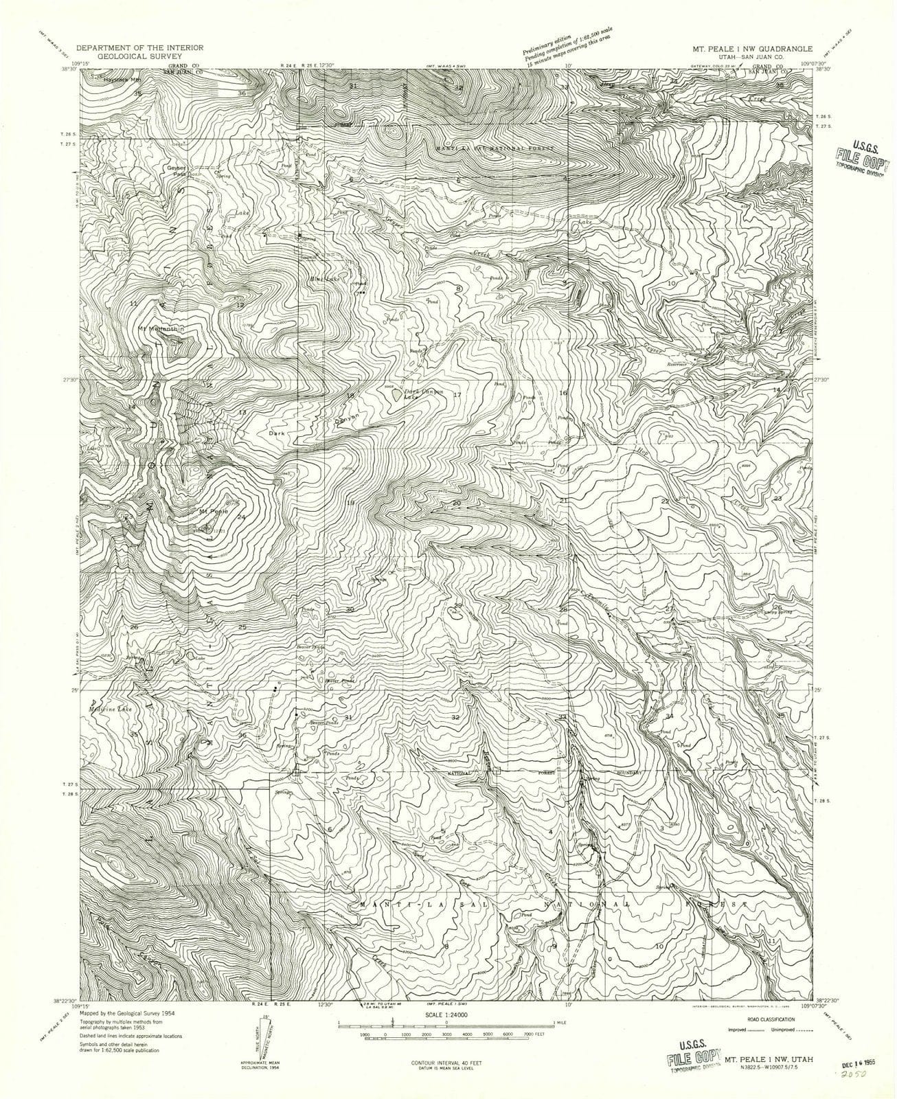 1954 Mt Peale 1, UT - Utah - USGS Topographic Map v3