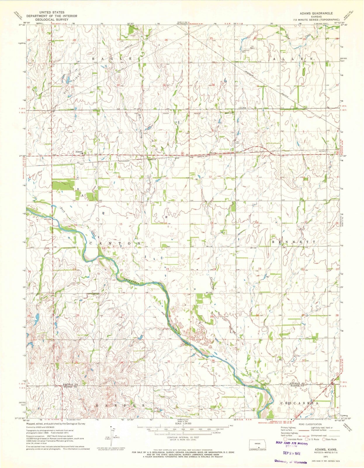 1971 Adams, KS - Kansas - USGS Topographic Map