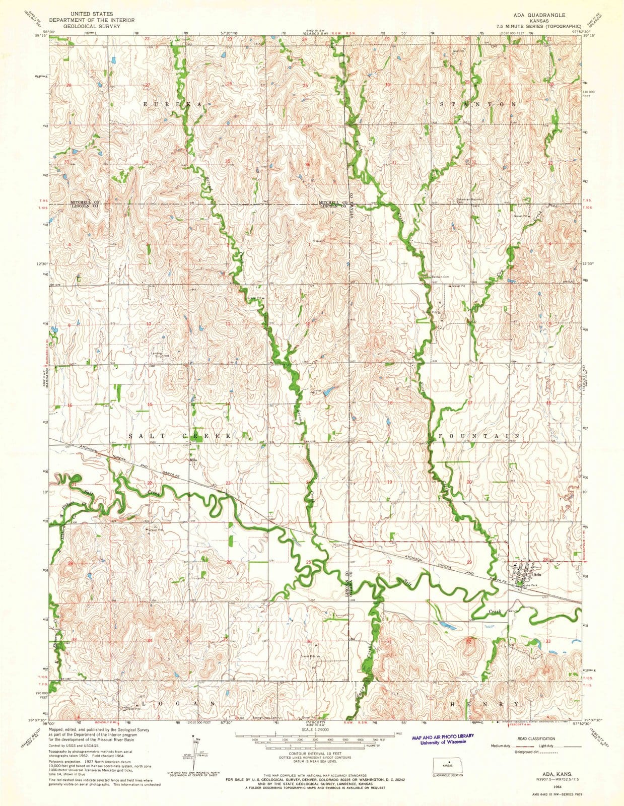 1964 Ada, KS - Kansas - USGS Topographic Map