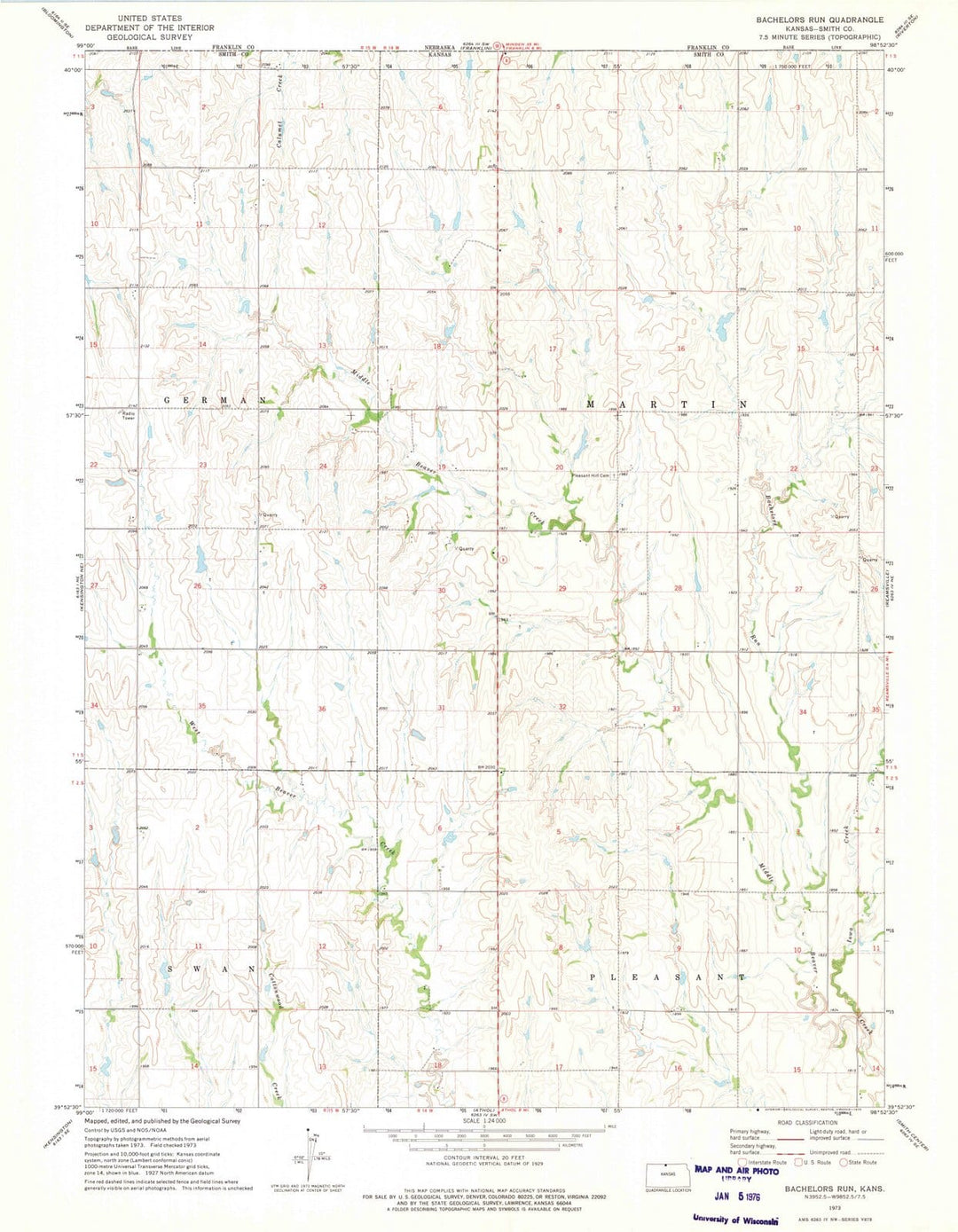 1973 Bachelors Run, KS - Kansas - USGS Topographic Map