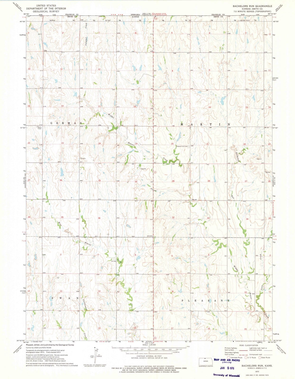 1973 Bachelors Run, KS - Kansas - USGS Topographic Map