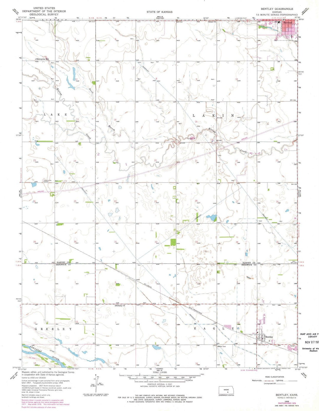 1958 Bentley, KS - Kansas - USGS Topographic Map