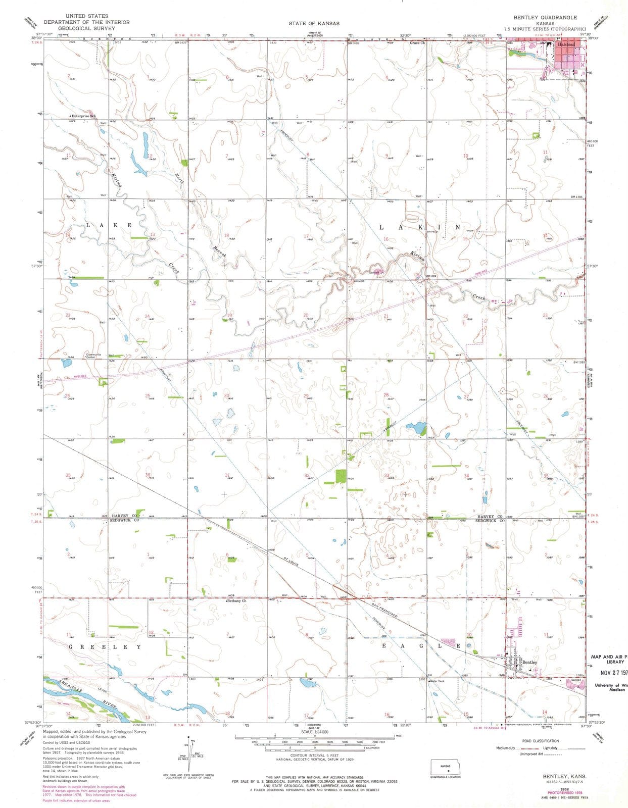 1958 Bentley, KS - Kansas - USGS Topographic Map