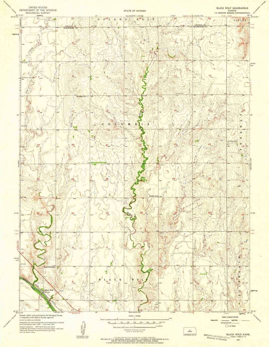 1957 Black Wolf, KS - Kansas - USGS Topographic Map