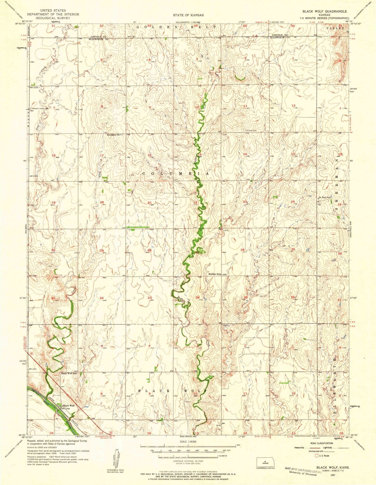 1957 Black Wolf, KS - Kansas - USGS Topographic Map