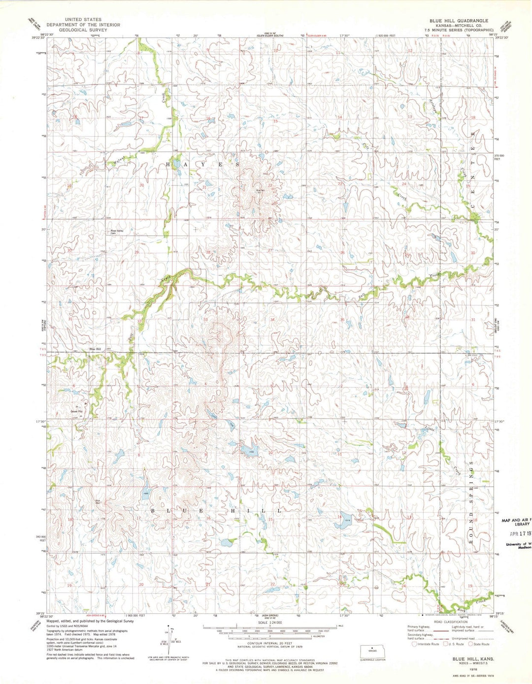 1978 Blue Hill, KS - Kansas - USGS Topographic Map